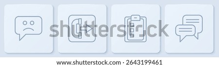 Set line Sad smile, Online quiz, test, survey, Outgoing call phone and Speech bubble chat. White square button. Vector