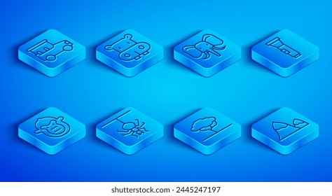 Set line Safari car, Hippo or Hippopotamus, Elephant, Spider, African tree, Flashlight, Monkey and Mountains icon. Vector