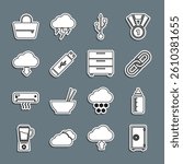 Set line Safe, Baby bottle, Chain link, USB, flash drive, Cloud download, Handbag and Furniture nightstand icon. Vector