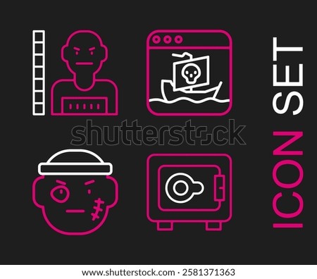 Set line Safe, Bandit, Internet piracy and Suspect criminal icon. Vector
