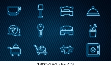 Set line Safe, Bottle of champagne, Bedroom, Hotel door lock key, Wi-Fi wireless internet, Coffee cup, bed and Table lamp icon. Vector