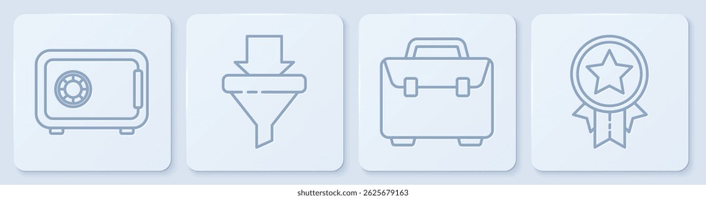 Set line Safe, Briefcase, Sales funnel with arrows and Medal with star. White square button. Vector