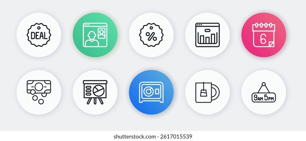 Set line Safe, Calendar, Stacks paper money cash, Cup of tea, Browser with stocks market, Discount percent tag, From 9 5 job and Board graph icon. Vector