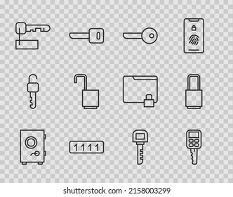 Set line Safe, Car key with remote, Key, Password protection, Marked, Open padlock,  and Lock icon. Vector