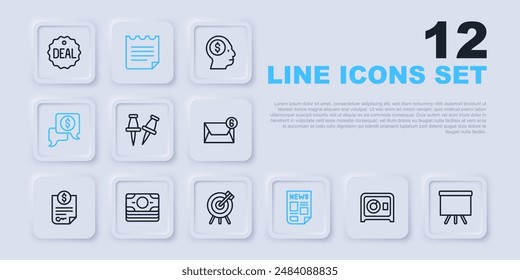 Set line Safe, Chalkboard, Push pin, News, Business negotiations, Stacks paper money cash, Notebook and Target financial goal icon. Vector