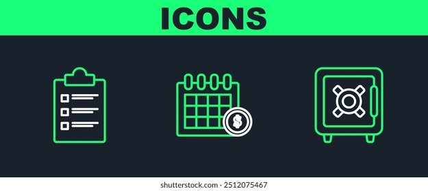 Set line Safe, Clipboard with checklist and Financial calendar icon. Vector