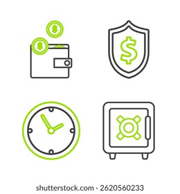 Set line Safe, Clock, Shield with dollar symbol and Wallet coins icon. Vector