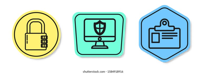 Set line Safe combination lock , Computer monitor and shield  and Identification badge. Colored shapes. Vector