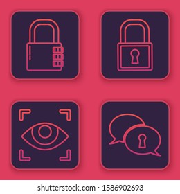Set line Safe combination lock , Eye scan , Lock  and Protection of personal data . Blue square button. Vector