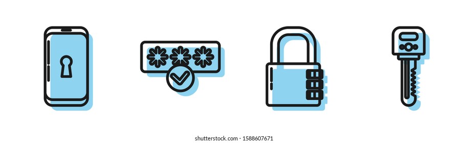 Set line Safe combination lock , Smartphone with lock , Password protection and safety access and Key  icon. Vector