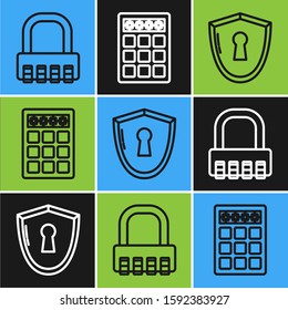 Set line Safe combination lock , Shield with keyhole  and Password protection and safety access  icon. Vector