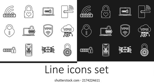 Set line Safe combination lock wheel, Cloud VPN interface, Laptop with password, Castle the shape of heart, Wifi locked, Shield wireless and Padlock icon. Vector