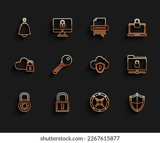 Set line Sichere Kombination Schloss-Rad, Sperren, Ringglocke, Schild, Schlüssel, FTP-Ordner und Cloud-Schild Symbol. Vektorgrafik