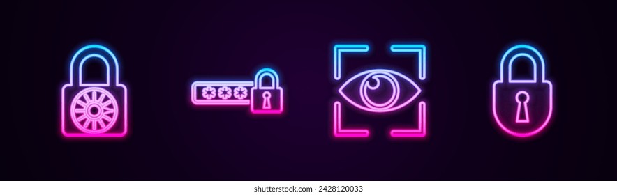 Set line Safe combination lock wheel, Password protection, Eye scan and Lock. Glowing neon icon. Vector