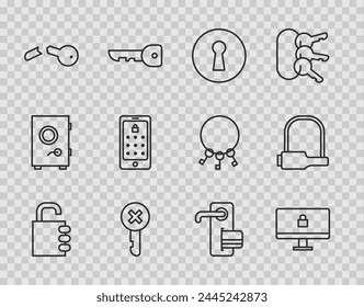 Cerradura de combinación segura, monitor de la computadora de la cerradura, ojo de la cerradura, llave equivocada, roto, móvil y Contraseña gráfica, puerta digital e icono de la bicicleta. Vector