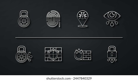 Set line Safe combination lock, Cyber security, Eye scan, Firewall, wall, Shield with brick, Fingerprint,  and System bug icon. Vector
