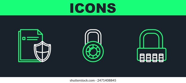 Set line Safe combination lock, Document protection concept and wheel icon. Vector