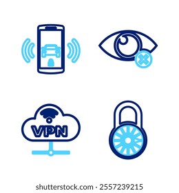 Set line Safe combination lock wheel, VPN Network cloud connection, Invisible hide and Smart car alarm system icon. Vector