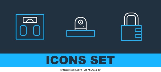 Set line Safe combination lock, Bathroom scales and Security camera icon. Vector