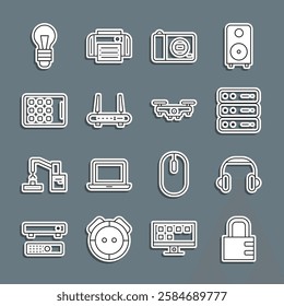 Set line Safe combination lock, Headphones, Server, Data, Web Hosting, Photo camera, Router and wi-fi signal, Graphic tablet, Light bulb and Drone flying icon. Vector