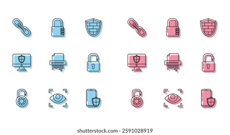 Set line Safe combination lock wheel, Eye scan, Chain link, Smartphone with security shield, Paper shredder confidential, Open padlock, Computer monitor and and  icon. Vector