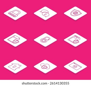 Set line Safe combination lock, Protection of personal data, Shield with world globe, Document protection concept, wheel, SD card and shield, House under and Cloud icon. Vector - Powered by Shutterstock - Get 15% off with code: PIKWIZARD15