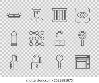Set line Safe combination lock, Website template, Prison window, Lock, Flasher siren, Graphic password protection, Key and Magnifying glass Search icon. Vector