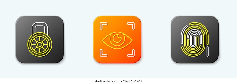 Set line Safe combination lock, Eye scan and Fingerprint icon. Vector