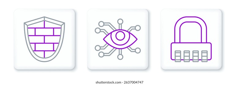 Set line Safe combination lock, Shield with cyber security brick wall and Eye scan icon. Vector