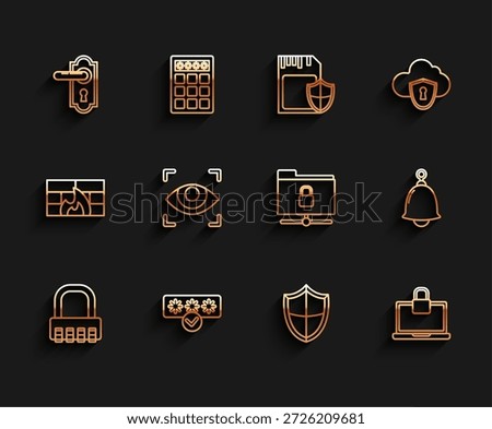Set line Safe combination lock, Password protection and safety access, Door handle, Shield, Laptop, Eye scan, Ringing bell and FTP folder icon. Vector