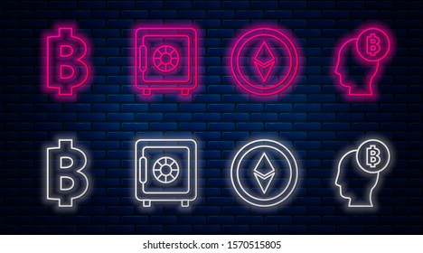 Set line Safe, Cryptocurrency coin Ethereum ETH, Cryptocurrency coin Bitcoin and Bitcoin think. Glowing neon icon on brick wall. Vector