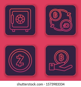 Set line Safe, Cryptocurrency coin Zcash ZEC, Cryptocurrency exchange and Hand holding Bitcoin. Blue square button. Vector