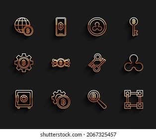Set Line Safe, Cryptowährung Coin Bitcoin, Globe und Kryptowährung, Magnifying Glas mit, Blockchain-Technologie, Bitcoin Kreis Mikrochip-Schaltung, Ripple XRP und Key-Icon. Vektorgrafik