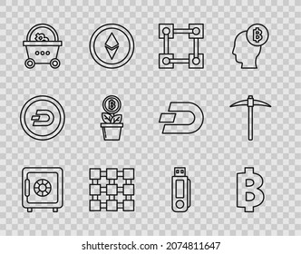 Set line Safe, Cryptocurrency coin Bitcoin, Blockchain technology, Shopping basket with bitcoin, plant the pot, USB flash drive and Pickaxe icon. Vector