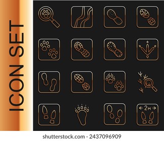 Set line Safe distance, Bird footprint, Chicken paw, Human footprints shoes, Paw, search and  icon. Vector