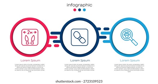 Establecer la línea Distancia segura, huellas humanas zapatos y búsqueda de patas. Plantilla de infografía de negocios. Vector