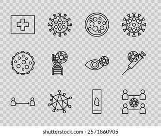 Set line Safe distance, Virus spread, First aid kit, DNA symbol and virus, Blood test and Syringe icon. Vector