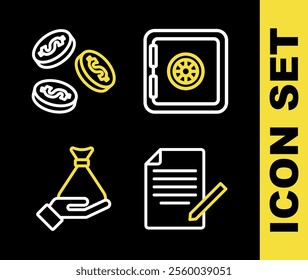 Set line Safe, Document and pen, Money in hand and Coin money with dollar icon. Vector