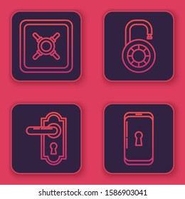 Set line Safe , Door handle , Safe combination lock wheel  and Smartphone with lock . Blue square button. Vector