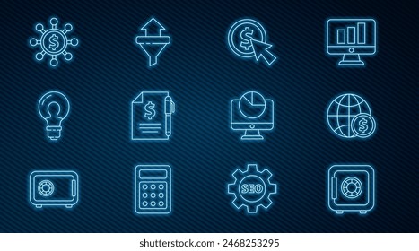 Set line Safe, Earth globe with dollar, Cursor and coin, Contract money pen, Light bulb concept of idea, Dollar, share, network, Computer monitor graph chart and Sales funnel arrows icon. Vector