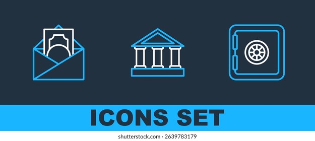 Set line Safe, Envelope with dollar symbol and Bank building icon. Vector
