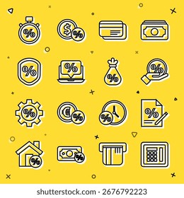 Definir linha Seguro, Documento financeiro, Percentual de desconto tag, Cartão de crédito, Percentual de desconto e laptop, Empréstimo, Cronômetro e Bolsa de dinheiro com ícone. Vetor