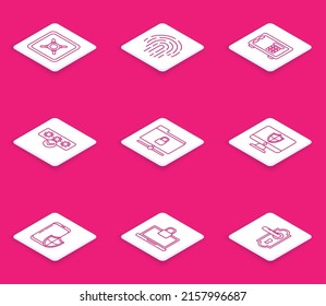 Set line Safe, Fingerprint, Password protection and safety access, FTP folder lock, Computer monitor shield, Smartphone with security and Laptop icon. Vector
