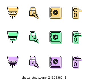Set line Safe, Fire sprinkler system, Lock and Fingerprint door lock icon. Vector