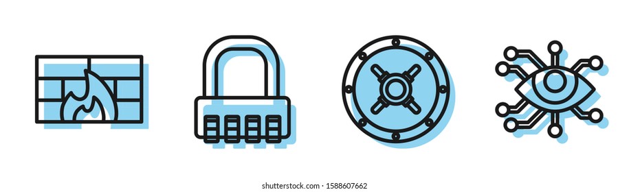 Set line Safe , Firewall, security wall , Safe combination lock  and Eye scan  icon. Vector