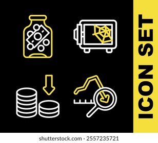 Set line Safe, Global economic crisis, Dollar rate decrease and Glass money jar with coin icon. Vector