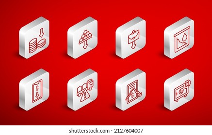 Set line Safe, Gold bars, Briefcase, Drop in crude oil price, Mobile stock trading, Dollar rate decrease, Stop delivery cargo truck and icon. Vector