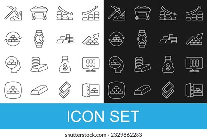 Set line Safe with gold bars, Gold 24k, Growth arrow, Falling, Wrist watch, exchange money, mining and coin icon. Vector