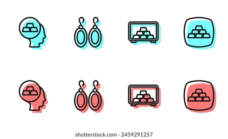 Set line Safe with gold bars, Gold, Earrings and  icon. Vector