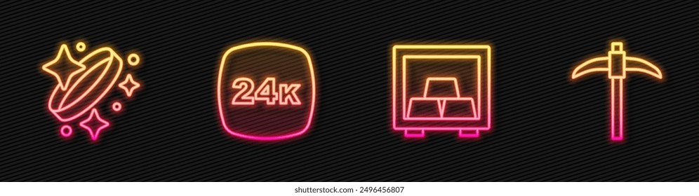 Set line Safe with gold bars, Gold ring, 24k and Pickaxe. Glowing neon icon. Vector